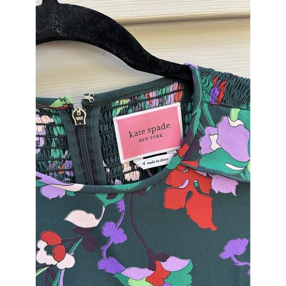 Kate Spade Fleur Nouveau Mini Dress Smocked Ruffle Green Women Size 4 Brunch - Picture 3 of 7